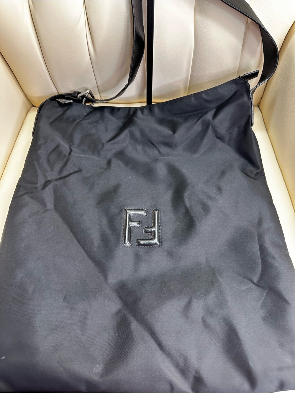 Fendi Black Nylon Messenger Bag with Tonal FF Logo